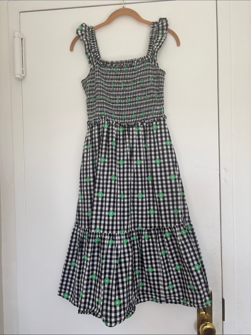 Kate Spade Gingham Voile Smocked Dress Embroidered Green Spades